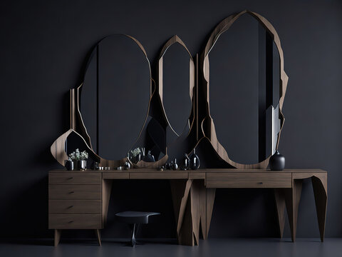 Modern, sleek, minimal wooden dressing table, vanity mirror of wood, stool by black wall room for luxury beauty, cosmetic, makeup product background 3D. Generative AI
