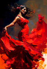 A woman in a red dress is dancing, oil panting.  - obrazy, fototapety, plakaty