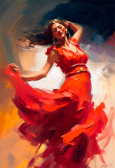 A woman in a red dress is dancing, oil panting.  - obrazy, fototapety, plakaty