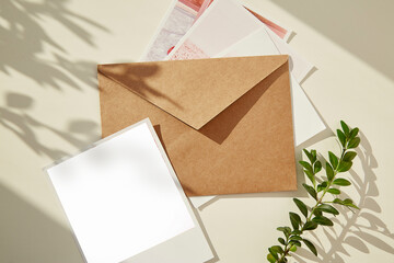 Beige paper envelope with photography mock up, green branch under shadows. Collection of greeting cards, postcard, invitation. Flat lay