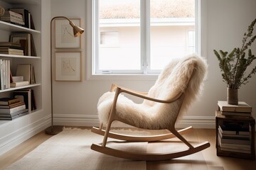 A cozy reading nook with a white oak rocking chair, a sheepskin rug, and a floor - to - ceiling bookshelf filled with Nordic literature