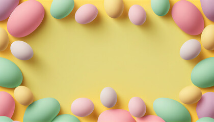 Top view, Easter greeting template, colorful holiday eggs, mockup, gift, space for text on yellow background, AI generated
