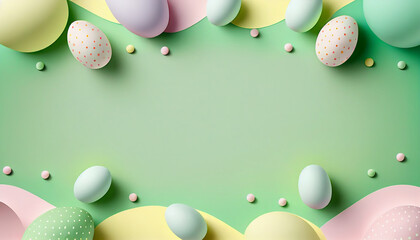 Top view, Easter greeting template, colorful holiday eggs, mockup, gift, space for text, AI generated