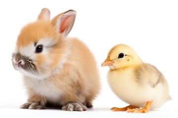 A baby chick with a baby bunny