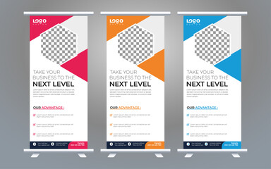 Business Roll Up Set. Standee Design. Banner Template, Abstract Blue Geometric Triangle Background vector, flyer, presentation, leaflet, j-flag, x-stand, x-banner, exhibition display
