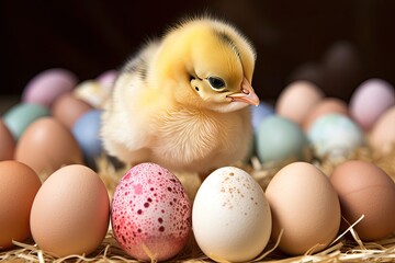 A baby chick with Easter eggs