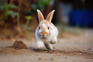 A bunny rabbit hopping in a field