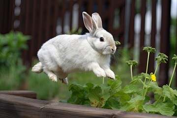 A bunny rabbit hopping in a field