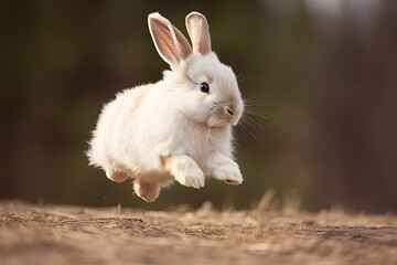 A bunny rabbit hopping in a field
