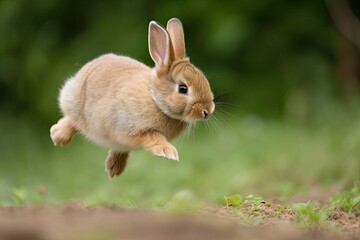 A bunny rabbit hopping in a field