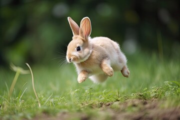 A bunny rabbit hopping in a field