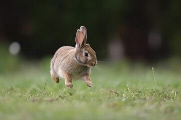 A bunny rabbit hopping in a field