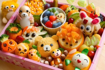 Fototapeta na wymiar Get creative with these fun bento boxes for your child's lunchtime in shape animals food, GENERATIVE AI