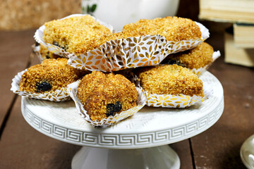 Fried Makrout or makroud - Algerian semolina, dates and honey sweets, traditional North Africa...