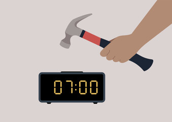A hammer-wielding hand smashes an alarm clock