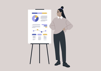 A young female Asian character presents a research report printed on a flip chart, highlighting the data analysis and optimization