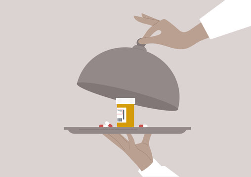 Drug abuse metaphor, waiter's hands unveiling a cloche, a box of prescription pills on a tray, dangerous or harmful behavior
