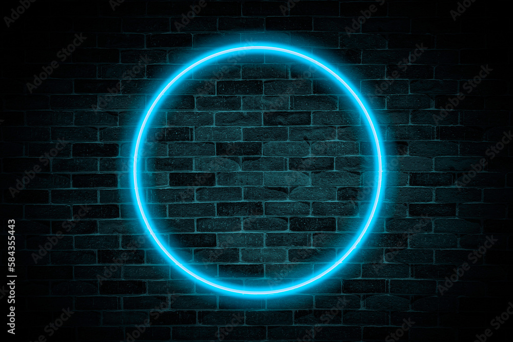 Wall mural Blue neon light circle, on brick wall background.