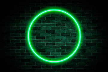 Fototapety  Green neon flashlight circle, on brick wall background.