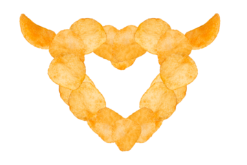 Levitation of potato chips in the shape of a heart isolated on a transparent background.