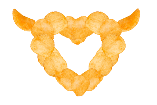 Levitation of potato chips in the shape of a heart isolated on a transparent background. - Powered by Adobe