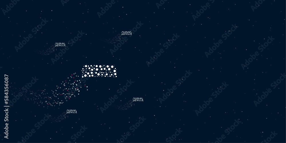 Poster a sofa symbol filled with dots flies through the stars leaving a trail behind. four small symbols ar