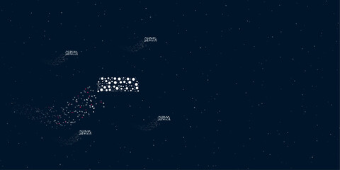 A sofa symbol filled with dots flies through the stars leaving a trail behind. Four small symbols around. Empty space for text on the right. Vector illustration on dark blue background with stars
