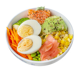 Poke Bowl saumon avocat concombre carotte mais