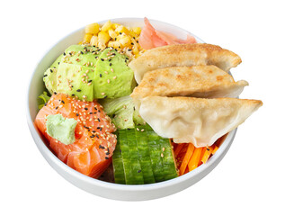 Poke Bowl Gyoza saumon avocat concombre carotte mais