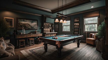 Clean Bonus Room in a Rustic Home Featuring Pool Table