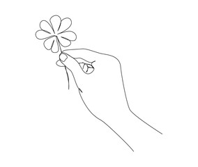 Continuous one line drawing of hand holding four leaf. Hand holds leaf line art vector illustration.