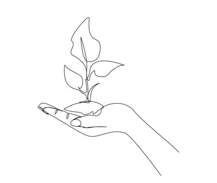 recommend clip art: Continuous one line drawing of hand holding growing plant. Hand holds plant, go green concept line art vector illustration.