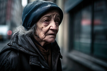 old homeless woman on a rainy day. generated by AI