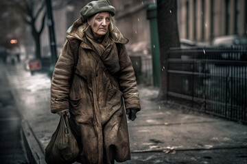 elderly homeless woman on the street on a rainy day. generated by AI