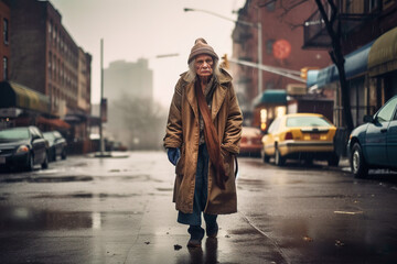 elderly homeless woman on the street on a rainy day. generated by AI