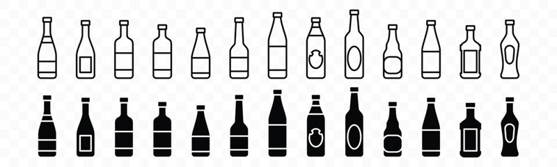 Glass Bottle icons vector set. Alcohol drinks types with editable stroke. Liquor, beverages, bar drink, beer, cocktails, wine sign and symbol in line and flat style. Vector illustration