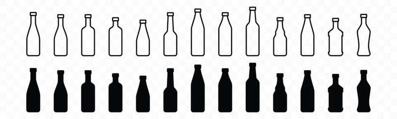 Glass Bottle icons vector set. Alcohol drinks types with editable stroke. Liquor, beverages, bar drink, beer, cocktails, wine sign and symbol in line and flat style. Vector illustration