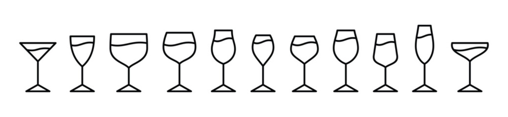 Drink glasses icons vector set. Alcohol glass types with editable stroke. Alcoholic cocktail glass icon sign and symbol in line style. Liquor, beverages, bar, beer, cocktails. Vector illustration