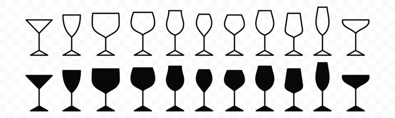 Drink glasses icons vector set. Alcohol glass types with editable stroke. Alcoholic cocktail glass icon sign and symbol in line and flat style. Liquor, beverages, bar, beer. Vector illustration