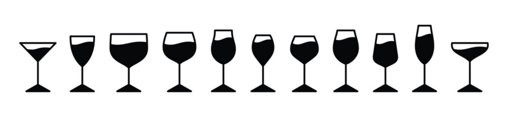 Drink glasses icons vector set. Alcohol glass types with editable stroke. Alcoholic cocktail glass icon sign and symbol in line and flat style. Liquor, beverages, bar, beer. Vector illustration