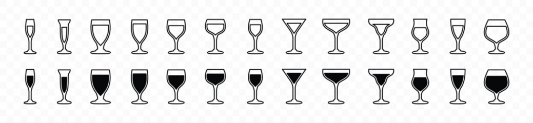 Drink glasses icons vector set. Alcohol glass types with editable stroke. Alcoholic cocktail glass icon sign and symbol in line and flat style. Liquor, beverages, bar, beer. Vector illustration