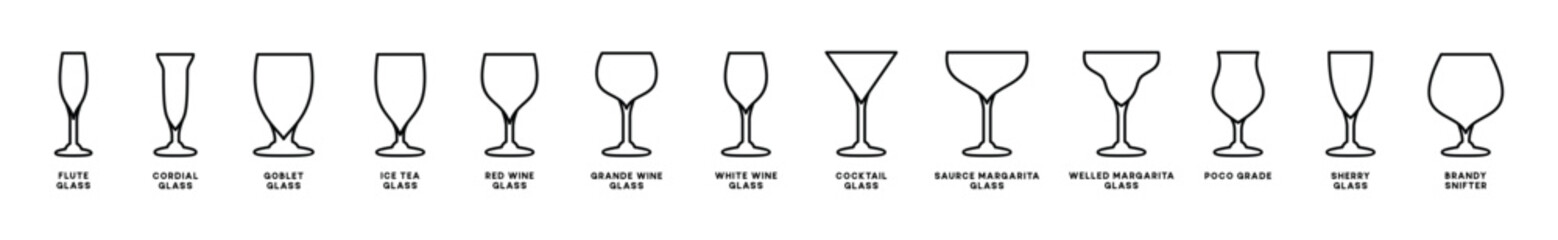Drink glasses icons vector set. Alcohol glass types with editable stroke. Alcoholic cocktail glass icon sign and symbol in line style. Liquor, beverages, bar, beer, cocktails. Vector illustration
