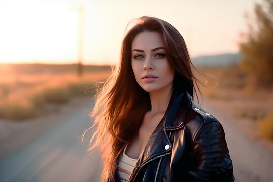 beautiful brunette biker girl at sunset. generated by AI