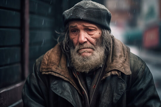elderly homeless man in the street on a rainy day. generated by AI