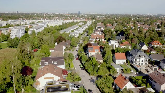 Beautiful view of buildings and park with trees in the city of Munich, Germany