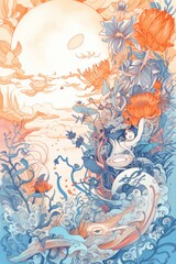 A vivid floral painting and abstract patterns