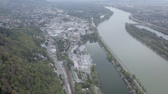 Beautiful landscape of a river and residential area in the city of Vienna, Austria