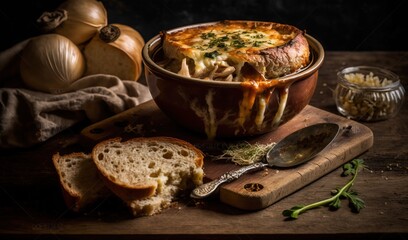 Fototapeta na wymiar a casserole dish with bread and garlic on a cutting board. generative ai