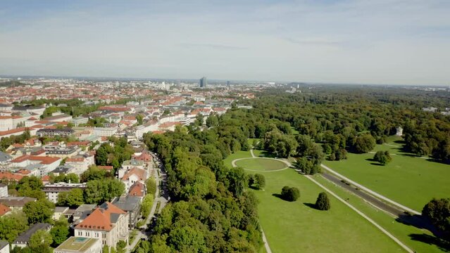 Beautiful view of buildings and park with trees in the city of Munich, Germany
