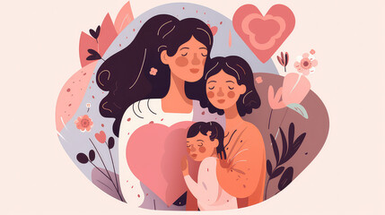 Eine Mutter mit Ihrem Kind als Muttertagsszene im illustrativen Stil (Generative AI)
